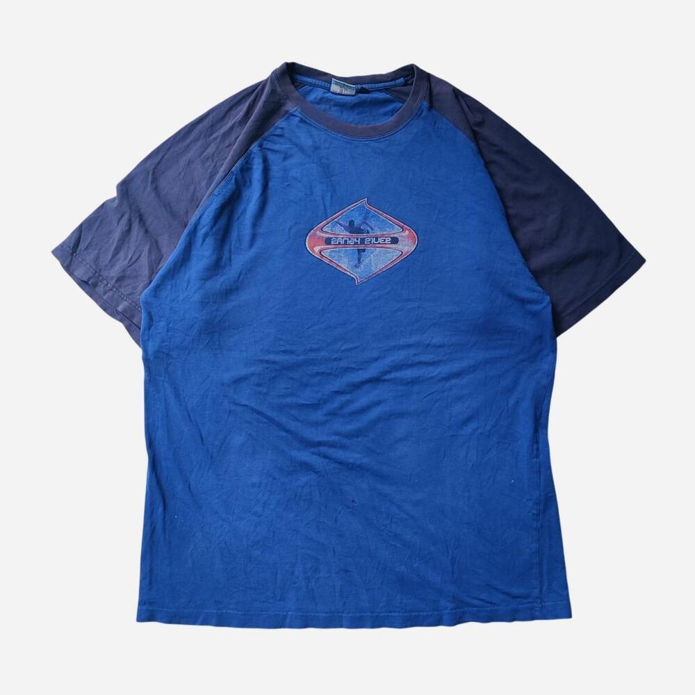 Vintage 90s Y2K Blue & Navy Blue Randy Rivers Raglan Tee with Red & White Diamon